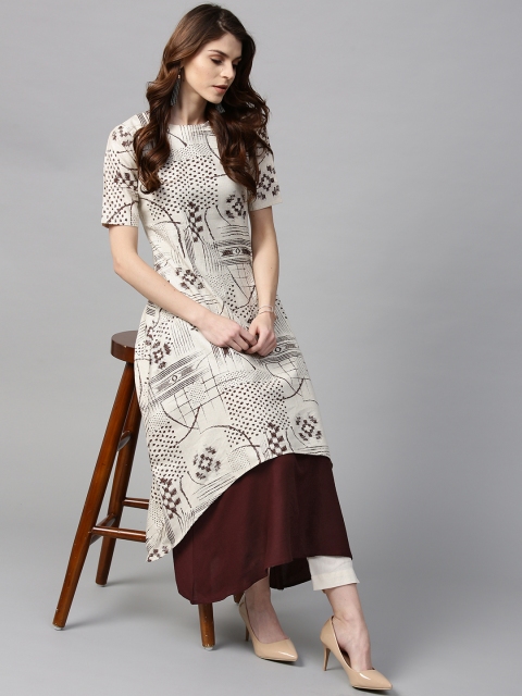 

GERUA Women Off-White & Coffee Brown Printed Layered A-Line Kurta