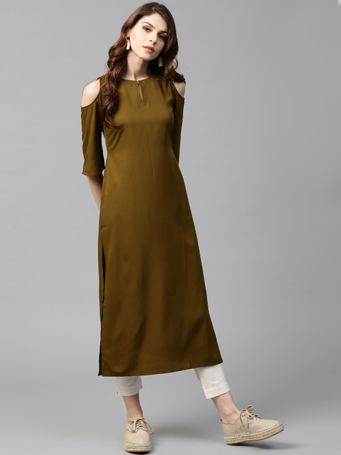 

GERUA Women Olive Green Solid Cold-Shoulder Straight Kurta