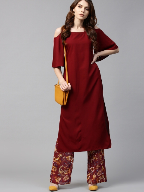 

GERUA Women Maroon Solid Cold-Shoulder Straight Kurta