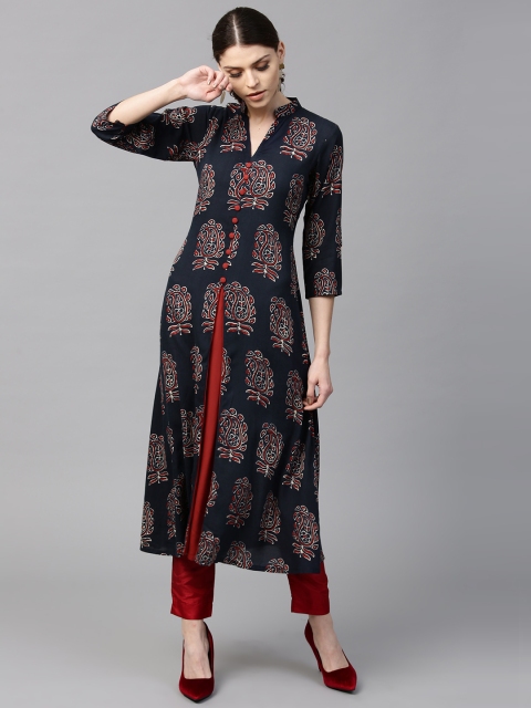 

GERUA Women Navy & Red Printed A-Line Kurta, Navy blue