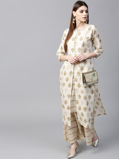 

GERUA Women Off-White & Beige Layered Printed Kurta with Palazzos