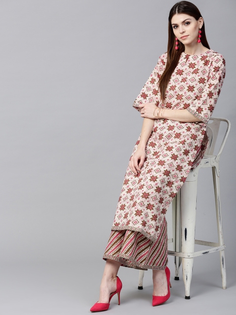 

GERUA Women Off-White & Pink Printed Kurta with Palazzos