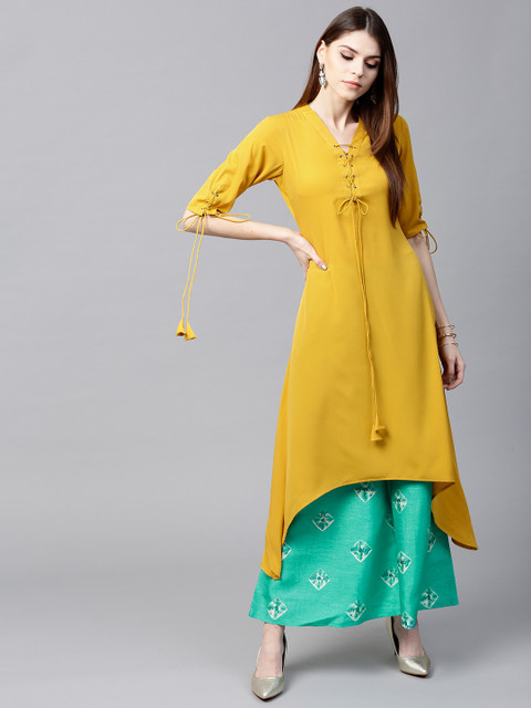 

GERUA Women Mustard Yellow & Green Solid Kurta with Palazzos