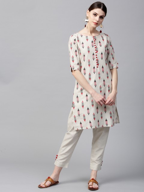 

GERUA Women White & Grey Printed Kurta with Trousers