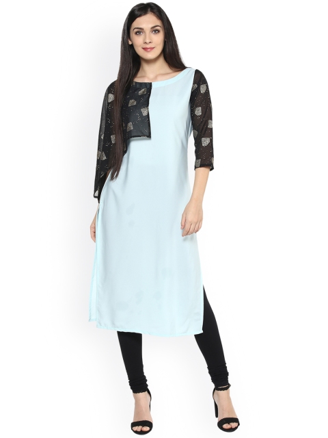 

ZIYAA Women Turquoise Blue & Black Solid Straight Kurta