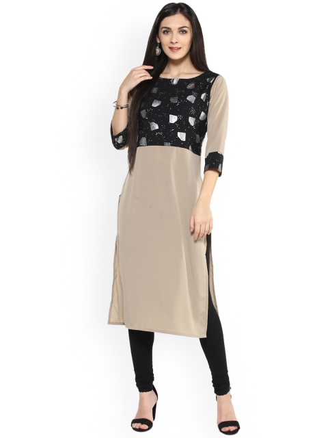 

ZIYAA Women Taupe & Black Solid Straight Kurta
