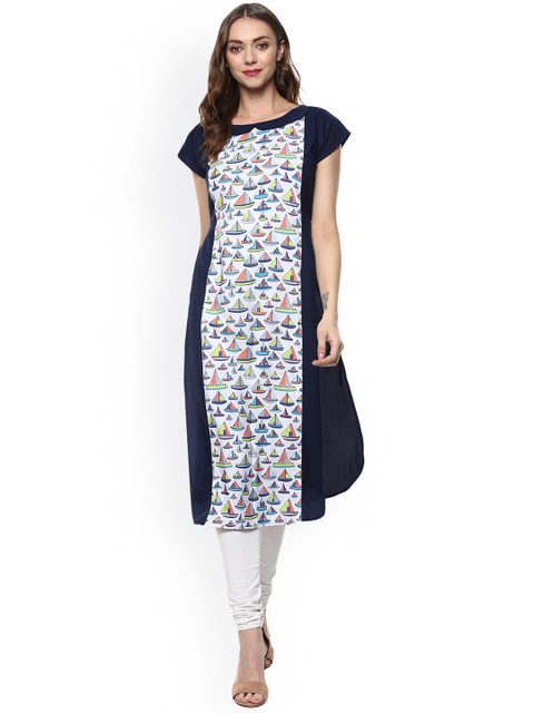 

ZIYAA Women Blue & White Printed Straight Kurta