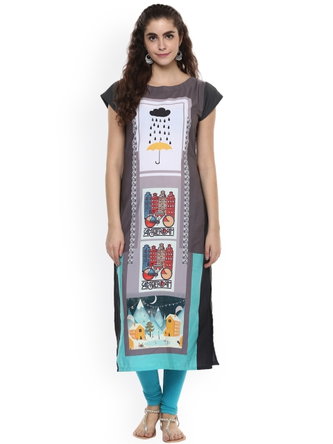 

ZIYAA Women Grey Printed Straight Kurta