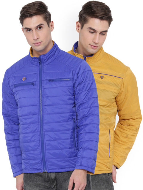 

Duke Men Blue & Yellow Solid Reversible Quilted Jacket