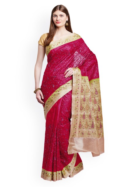 

Chhabra 555 Pink & Gold-Toned Art Silk Embellished Tussar Saree