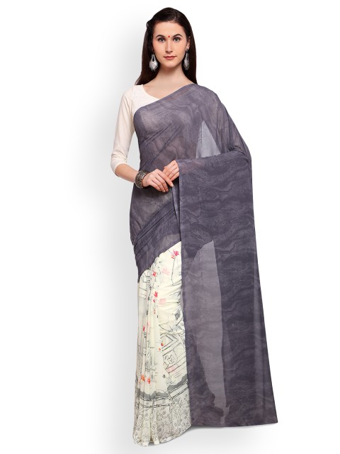 

Saree mall Grey & White Half & Half Poly Georgette Printed Saree
