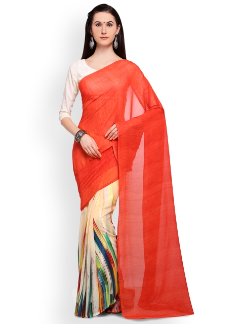 

Saree mall Orange Printed Half & Half Poly Georgette Saree
