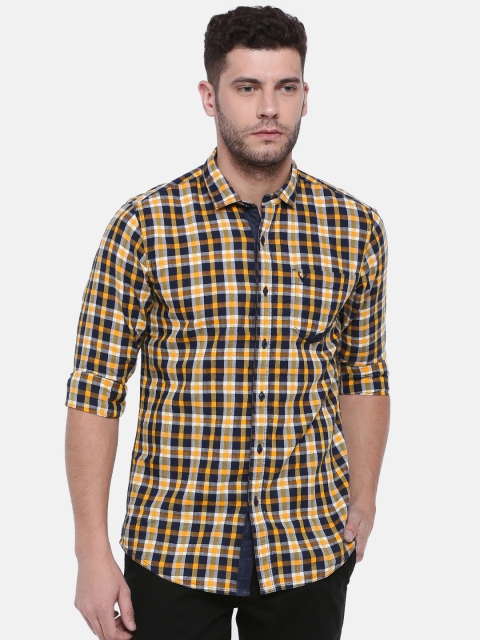 

Solly Jeans Co. Men Navy & Yellow Custom Regular Fit Checked Casual Shirt, Navy blue