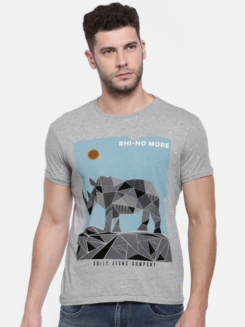

Solly Jeans Co. Men Grey Melange Slim Fit Printed Round Neck T-shirt