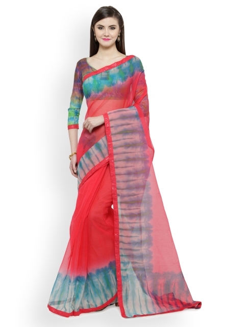 

Shaily Pink & Blue Cotton Blend Shibori Print Saree