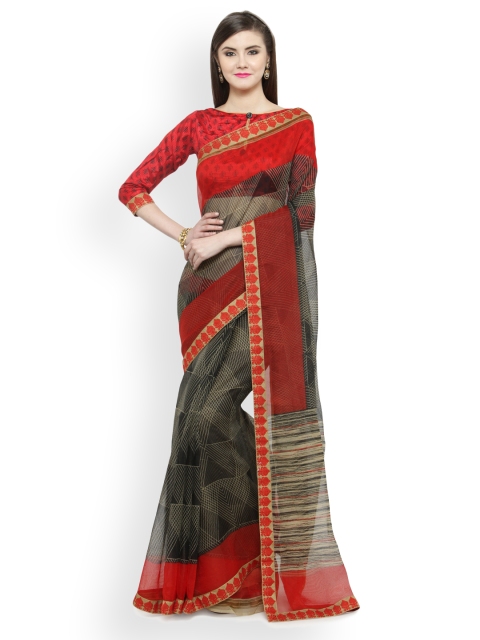 

Shaily Black & Red Cotton Blend Printed Saree