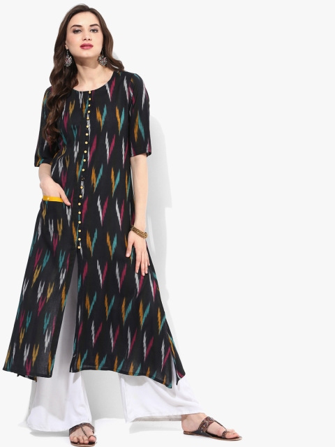 

Sangria Women Black Ikat Woven Design A-Line Kurta