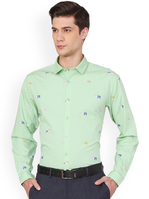 

V Dot Men Green Slim Fit Printed Formal Shirt