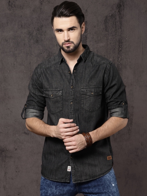 

Roadster Men Black Regular Fit Solid Denim Casual Shirt