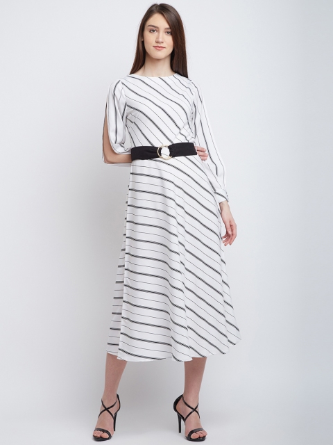 

PANIT Women White Striped Fit and Flare Dress
