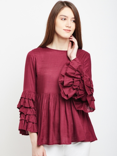 

PANIT Women Burgundy Solid Peplum Top