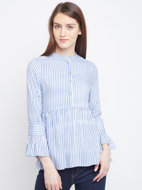 

PANIT Women White & Blue Striped Shirt Style Top