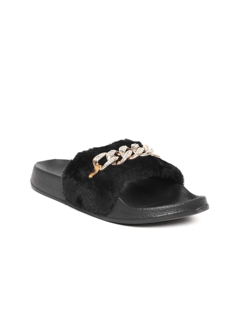 

Truffle Collection Women Black Faux Fur Open Toe Flats