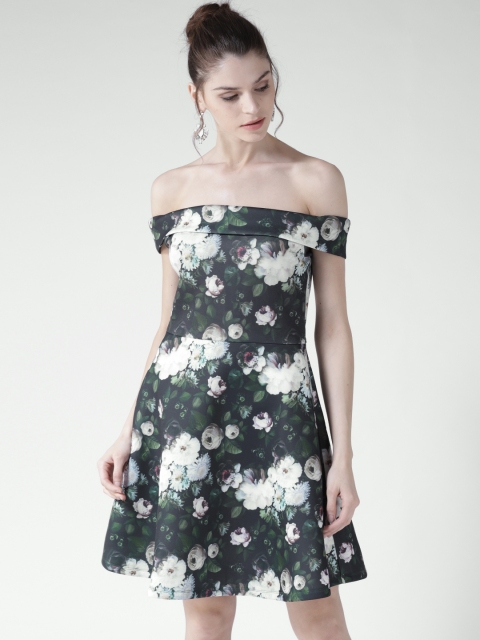 

20Dresses Women Black & Green Floral Print Fit and Flare Dress