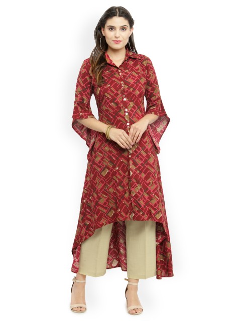 

Indibelle Women Maroon & Gold-Toned Printed Kurta with Trousers