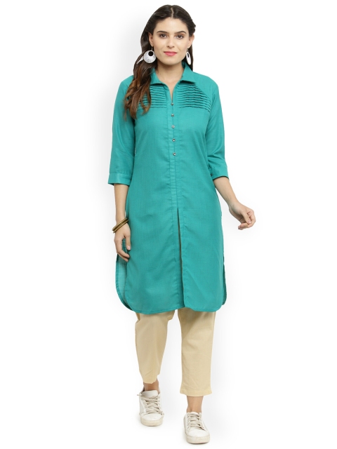 

Indibelle Women Turquoise Blue & Off-White Solid Kurta with Trousers