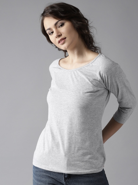 

HERE&NOW Women Grey Melange Solid Round Neck T-shirt