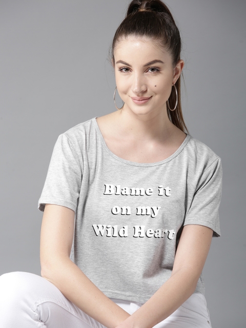 

HERE&NOW Women Grey Melange Printed Round Neck T-shirt