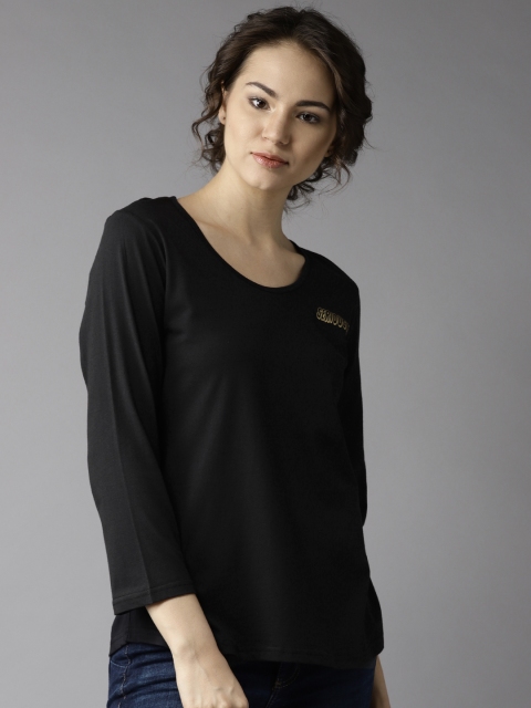 

HERE&NOW Women Black Solid Round Neck T-shirt