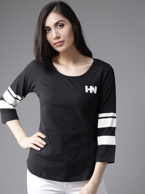 

HERE&NOW Women Black Solid Round Neck T-shirt