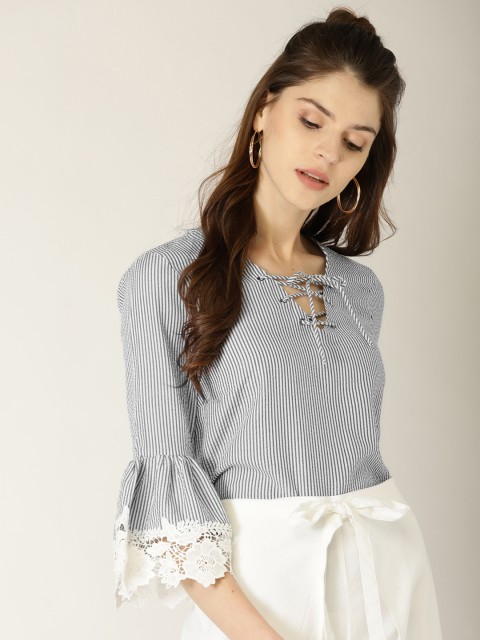 

United Colors of Benetton Women Charcoal Grey & Off-White Striped Top