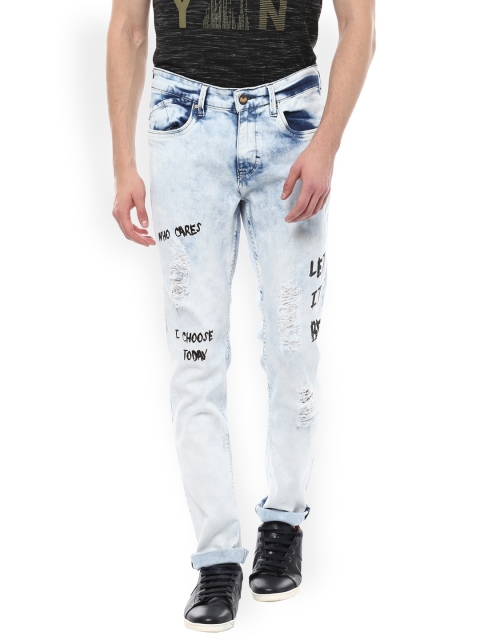 

People Men Blue Regular Fit Mid-Rise Low Distress Stretchable Jeans