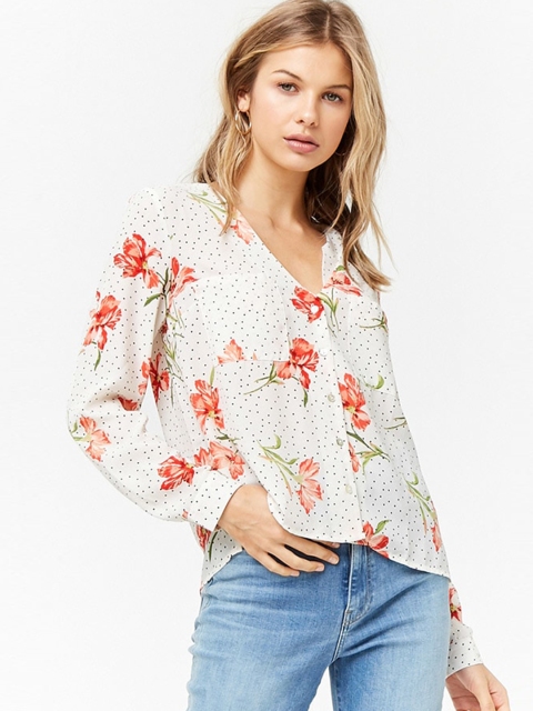 

FOREVER 21 Women Off-White Printed Shirt Style Top