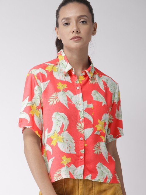 

FOREVER 21 Women Coral Pink Regular Fit Printed Casual Shirt