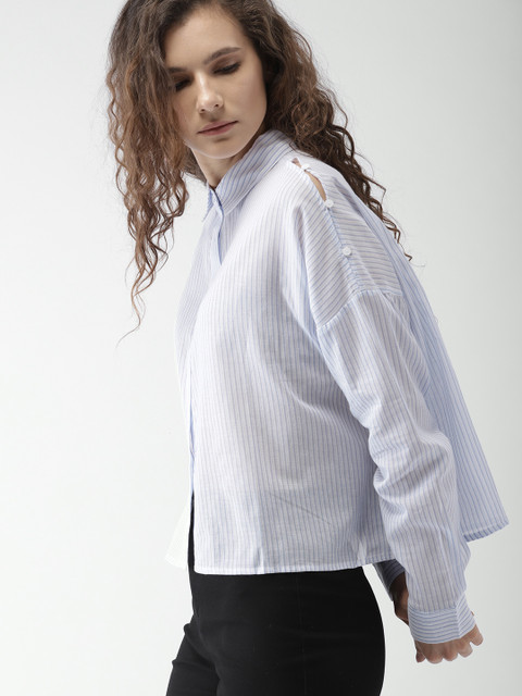 

FOREVER 21 Women Blue & White Striped Casual Shirt