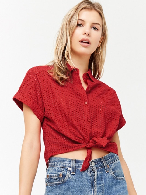 

FOREVER 21 Women Red Regular Fit Self Design Casual Shirt