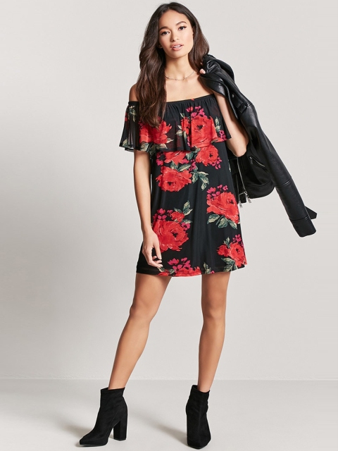

FOREVER 21 Women Navy Floral Printed Bardot Dress, Navy blue