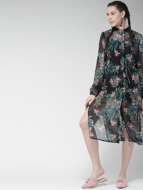 

FOREVER 21 Women Black Printed Sheer Shirt Dress