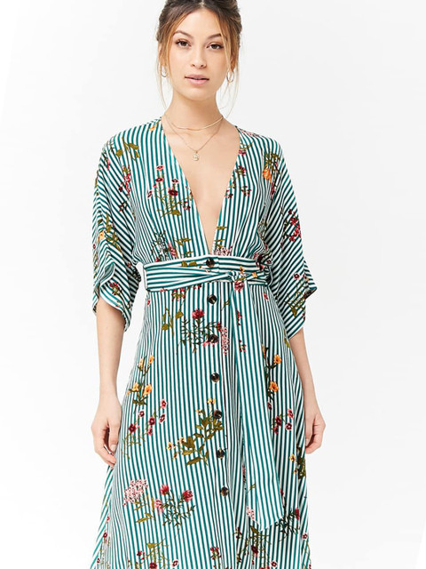 

FOREVER 21 Women Green & White Printed Fit and Flare Dress