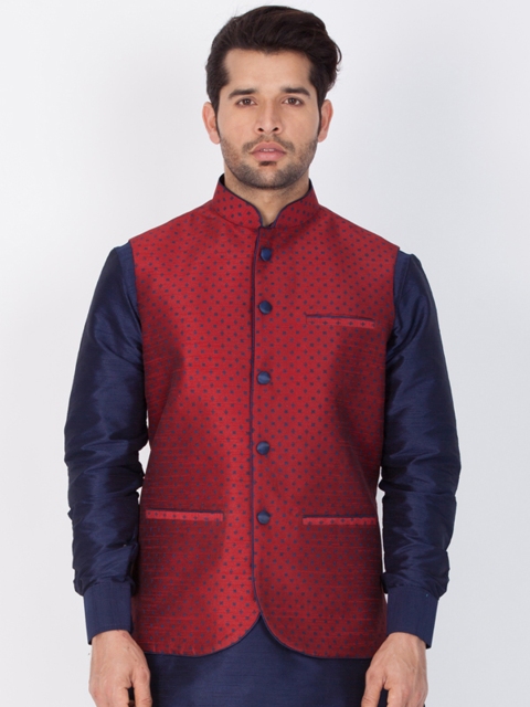 

Vastramay Men Maroon Woven Nehru Jacket