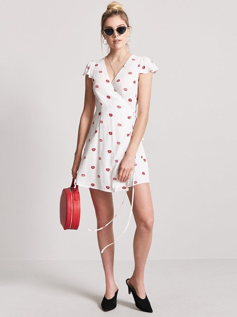 

FOREVER 21 Women White Printed Mini Wrap Dress