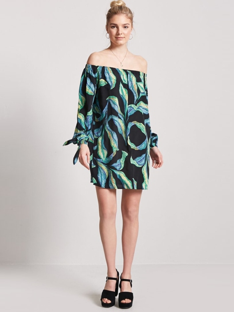 

FOREVER 21 Women Black & Green Tropical Print Off-Shoulder Shift Dress