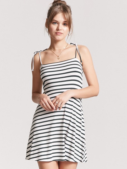 

FOREVER 21 Women White & Green Striped A-Line Dress