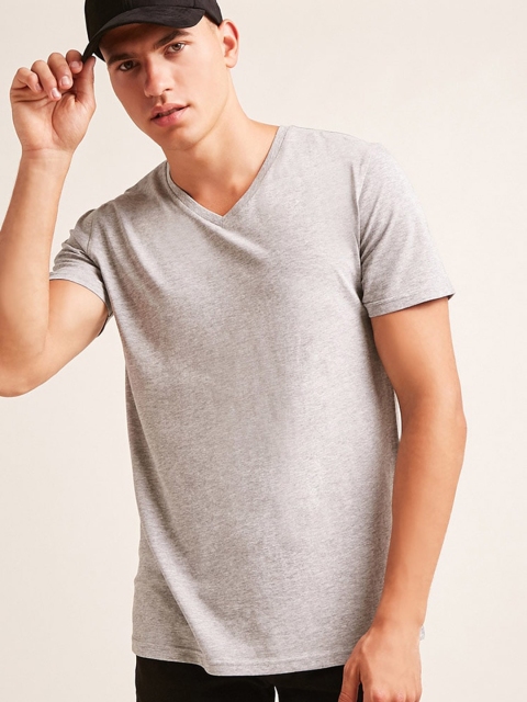 

FOREVER 21 Men Grey Solid V-Neck T-shirt