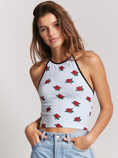 

FOREVER 21 Women Blue Floral Print Fitted Crop Top