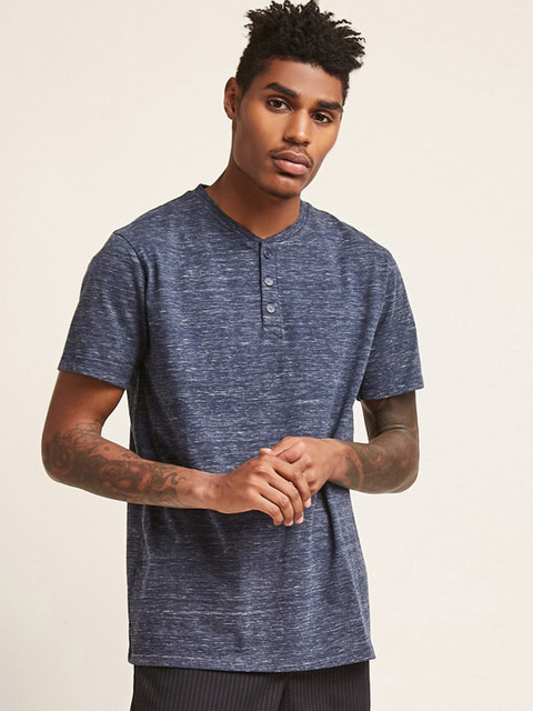 

FOREVER 21 Men Navy Blue Solid Henley Neck T-shirt